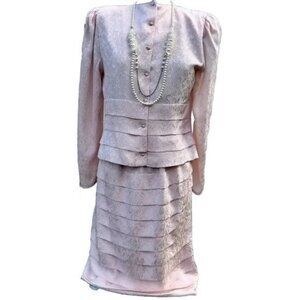 Vtg 80s RINA MONTELLA Pink Silk Jacquard Jacket Skirt Dress Set Women’s M L USA